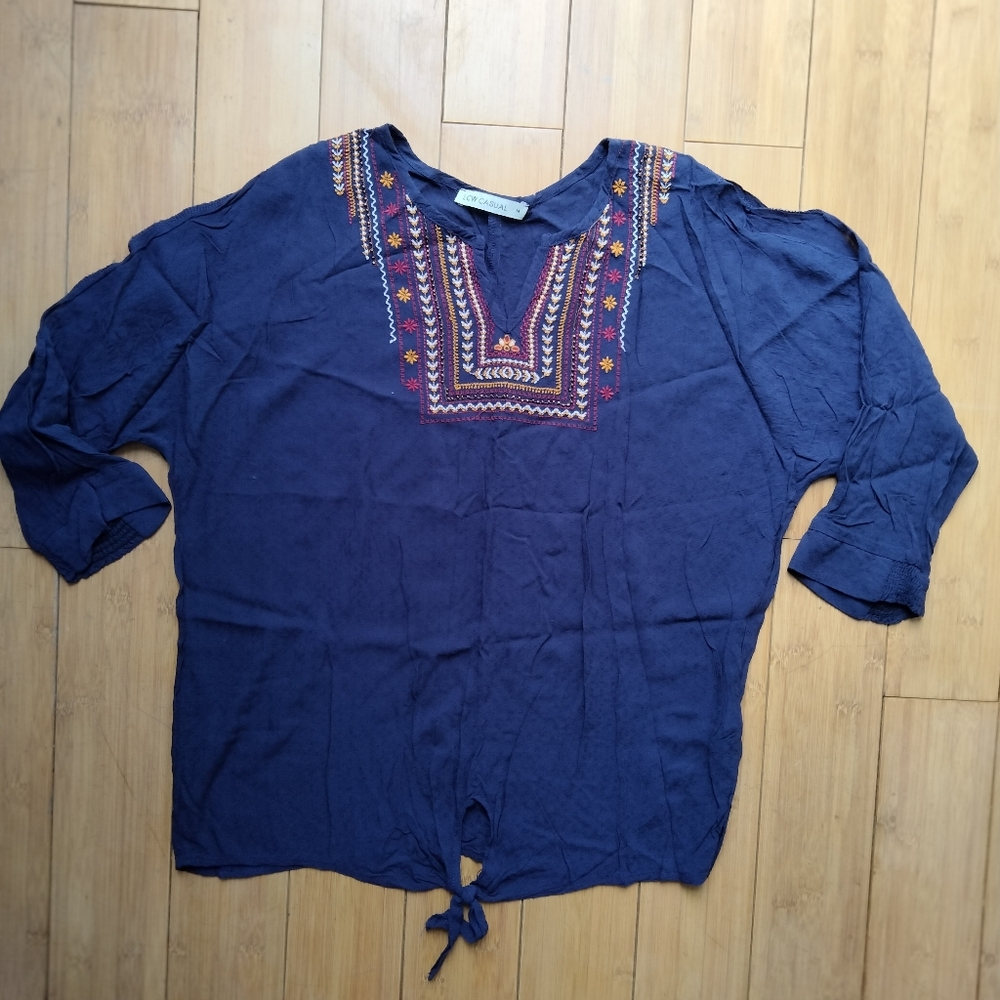 Embroidered Navy Boho Blouse with Tie Front